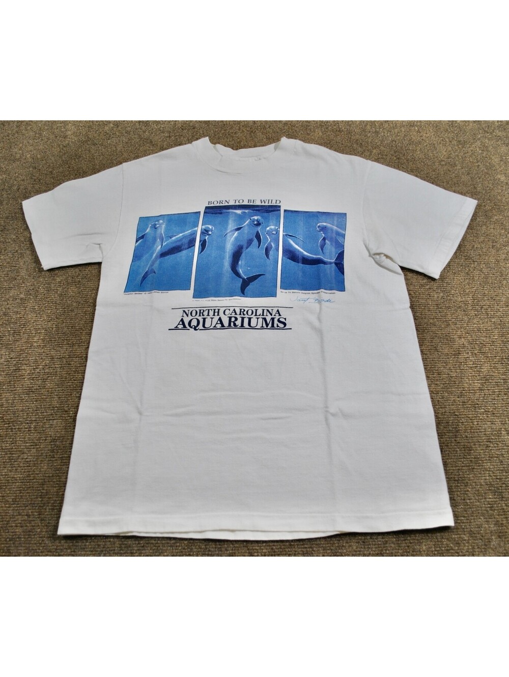 North Carolina Aquariums 1990 Born To Be Wild Dolphins 90s White Shirt Small